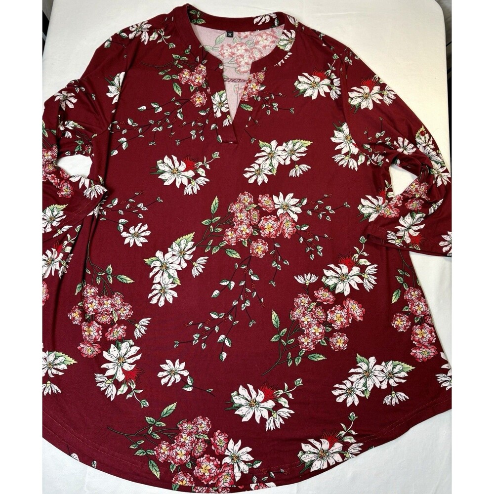 Floral Split V-Neck Blouse Burgundy Red 3X Cottagecore Boho Pleated Back Top